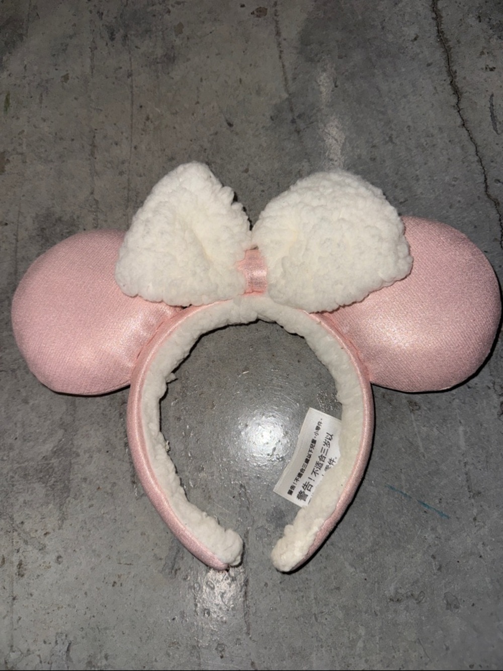 Disney Pink Satin Minnie Ears Headband with Cream Sherpa Bow